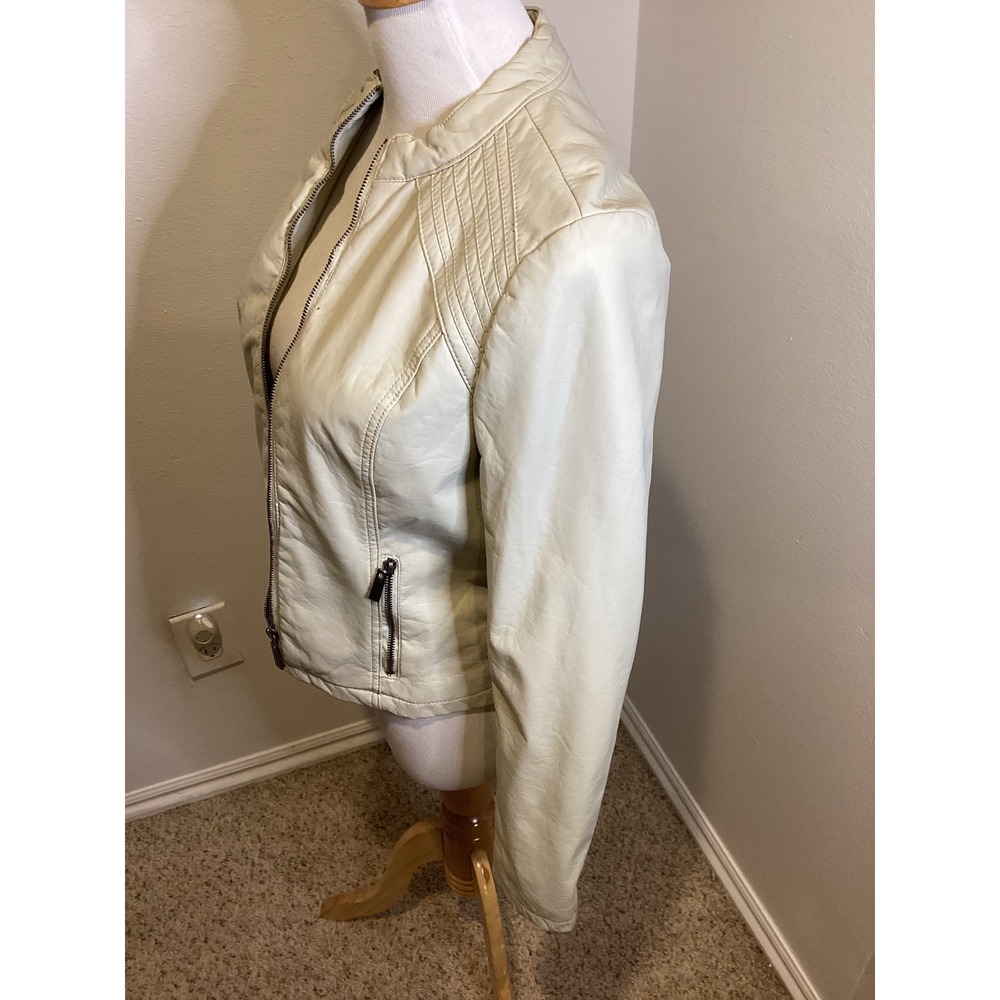 LZ Women's Faux Leather Moto Jacket Cream Collarless Zip Pockets Size M - Picture 4 of 6